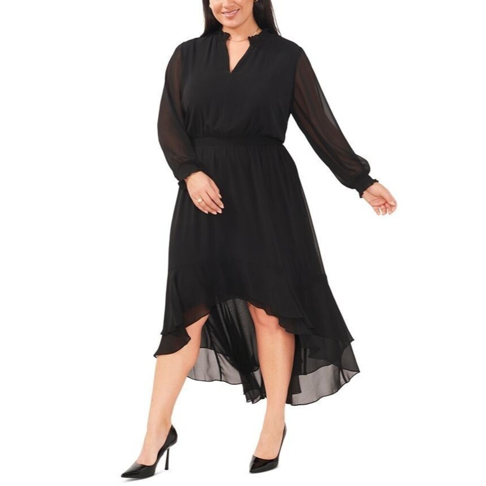 Vince Camuto Women's Plus Size Smocked-Trim Trendy High-Low Dress Black 3X